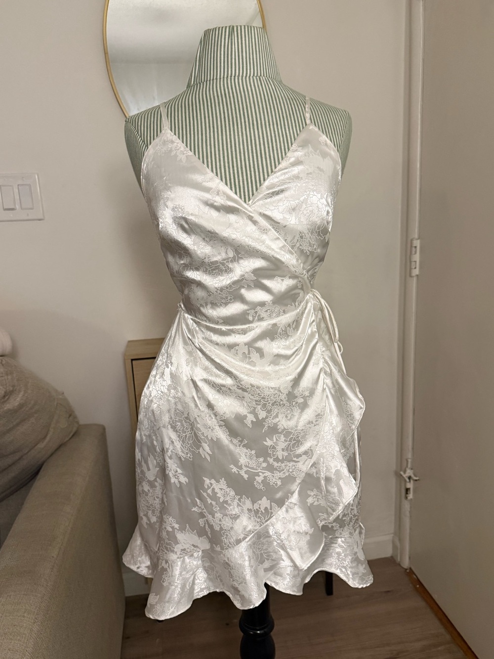 Lulus Ivory Satin Floral Jacquard Wrap Midi Bridal Dress Size S
